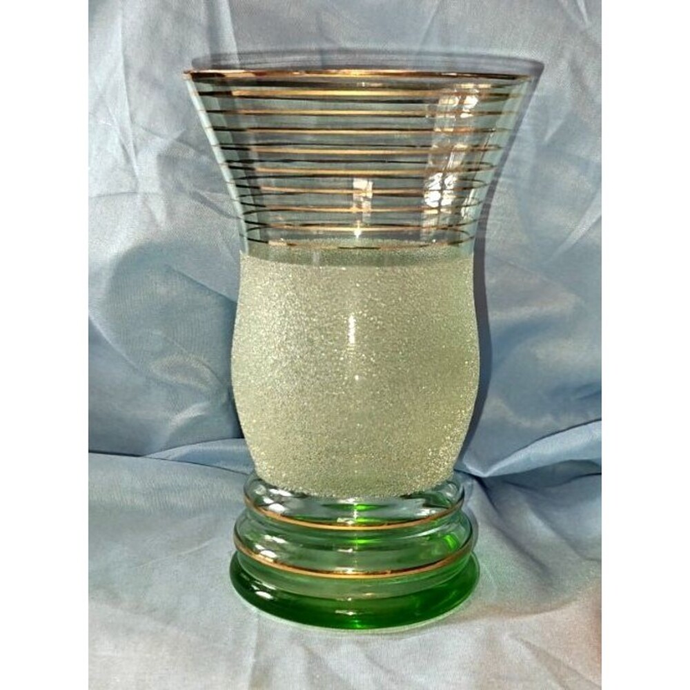 Vtg MCM Green Glass Gold Trim Granite Frosted Vase